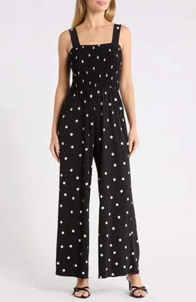West K Smocked Wide Leg Jumpsuit In Black Dot
