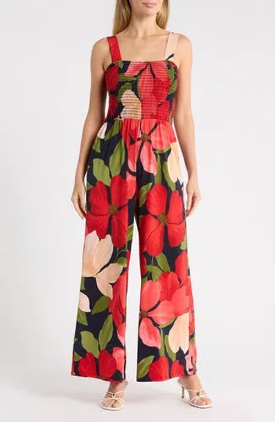 West K Smocked Wide Leg Jumpsuit In Red Floral