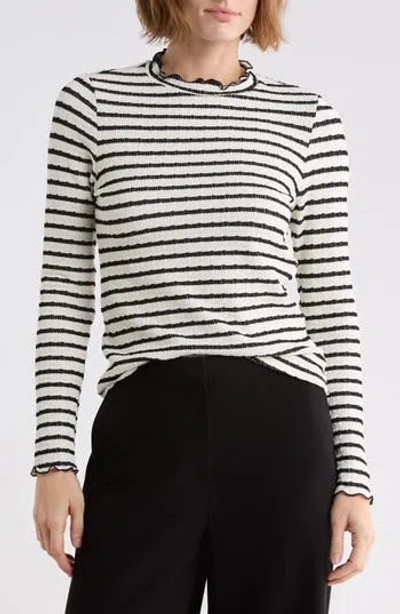 West K Textured Stripe Lettuce Edge Long Sleeve Mock Neck Top In White