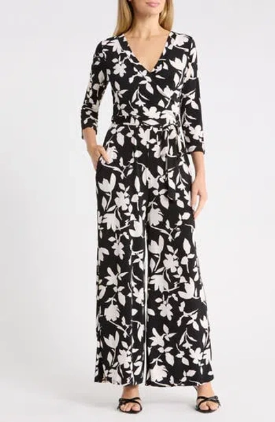 West K Three Quarter Sleeve Wide Leg Jumpsuit In Black Floral