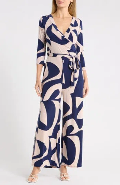 West K Three Quarter Sleeve Wide Leg Jumpsuit In Navy Geo