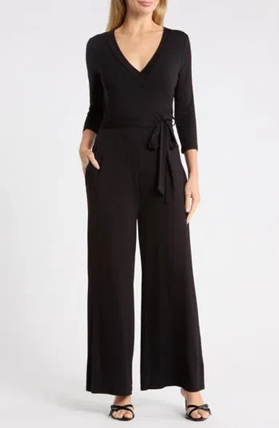West Kei 3/4 Length Sleeve Wrap Wide Leg Jumpsuit In Black