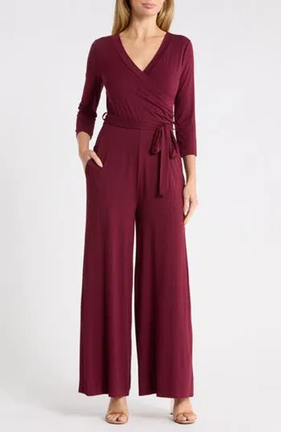West Kei 3/4 Length Sleeve Wrap Wide Leg Jumpsuit In Wine