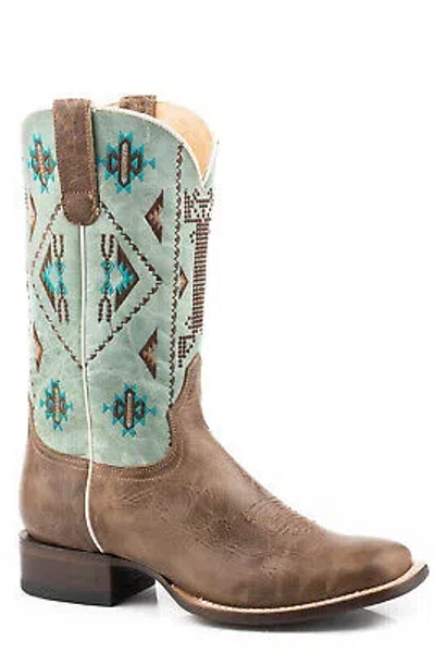 Pre-owned West Roper Womens Brown/turquoise Leather Out  Cowboy Boots