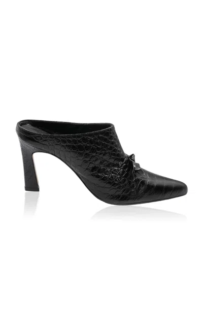 Western Affair Bow-detailed Croc-effect Leather Mules In Black