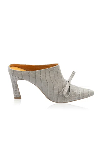 Western Affair Bow-detailed Croc-effect Leather Mules In Grey