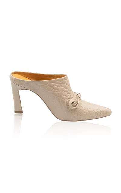 Western Affair Bow-detailed Croc-effect Leather Mules In Neutral
