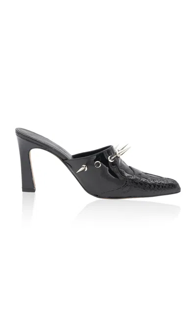 Western Affair Cowgirl Spike-detailed Croc-effect Leather Mules In Black