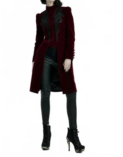 Western F.a.s.h.i.o.n Gothic Lace Long Coat With Back Drawstring In Velvet Burgundy In Black