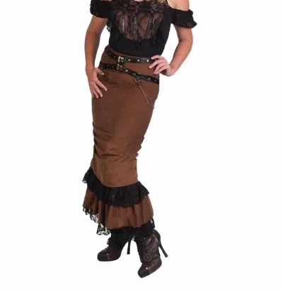 Western F.a.s.h.i.o.n Long Steampunk Skirt With Belt And Chains In Brown