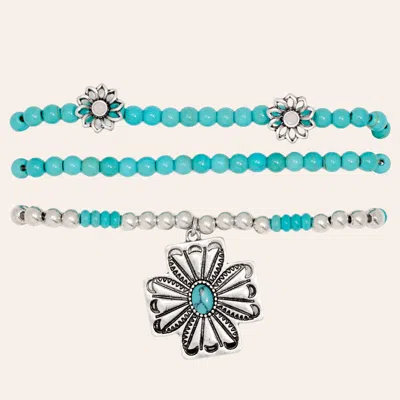 Western Gems Silver & Turquoise Beaded Concho Charm Three Piece Bracelet Set In Blue