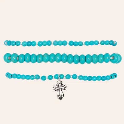 Western Gems Silver & Turquoise Beaded Cross Charm Three Piece Bracelet Set In Blue