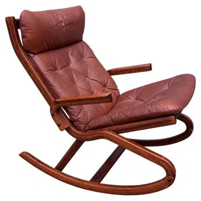 Pre-owned Westnofa Furniture Norway Teak And Leather Rocking Chair/ 2 Positions!! In Brown