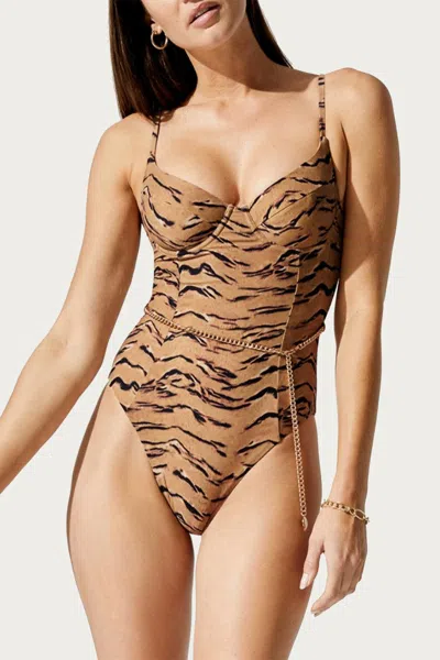 Weworewhat Danielle One Piece In Tan Tiger Print In Brown