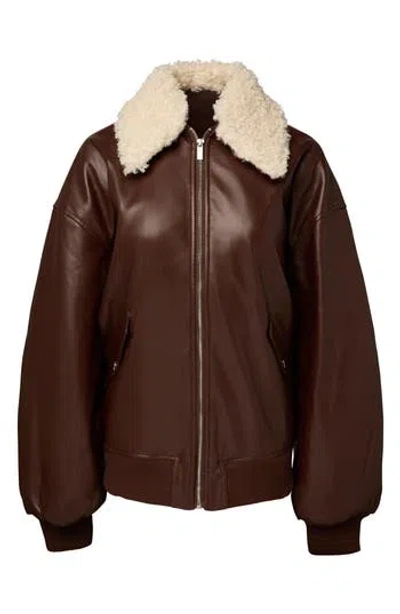 Weworewhat Faux Leather Bomber Jacket With Faux Shearling Collar In Brown
