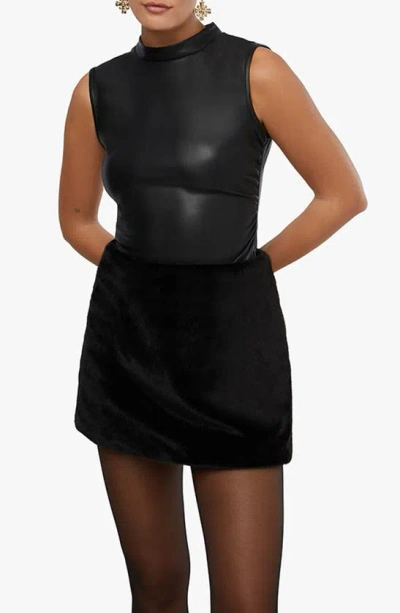 Weworewhat Faux Leather Ruched Turtleneck Top In Black