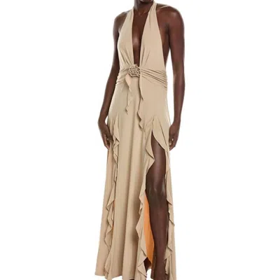 Weworewhat Halter Ruffle Maxi Dress In Khaki In Animal Print