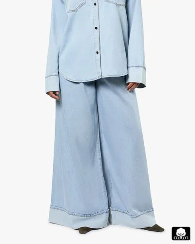Weworewhat High Waisted Pleated Super Wide Leg Pant In Light/mid Wash