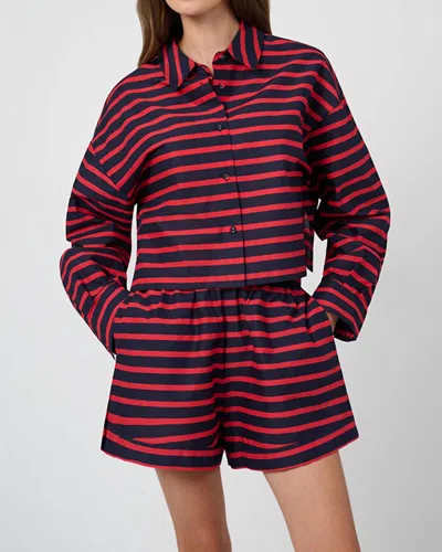 Weworewhat Long Sleeve Crop Button Down Shirt In Red & Navy In Blue