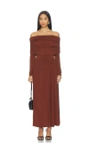 Weworewhat Off Shoulder Ruched Midi Dress In Brown