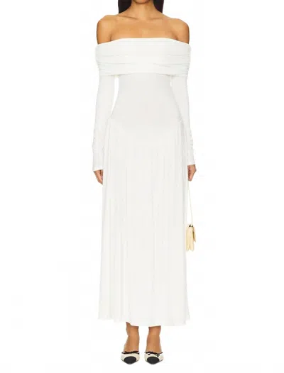 WEWOREWHAT OFF SHOULDER RUCHED MIDI DRESS IN IVORY