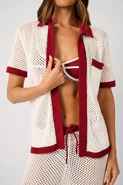 WEWOREWHAT OVERSIZED CROCHET BUTTON-UP SHIRT TOP IN OFF/WHITE/OXBLD, WOMEN'S AT URBAN OUTFITTERS