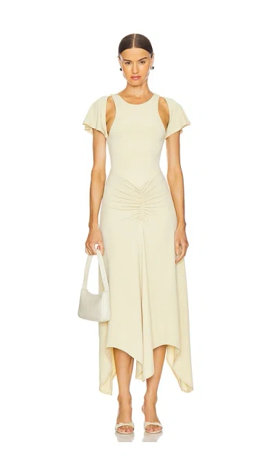 Weworewhat Ruched Asymmetric Midi Dress In Wheat