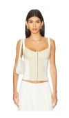 Weworewhat Ruched Cup Scoop Linen-blend Corset In Wood Ash & Ivory