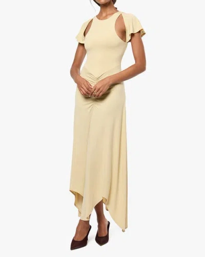 Weworewhat Ruched Cut Out Asymmetrical Midi Dress In Wheat