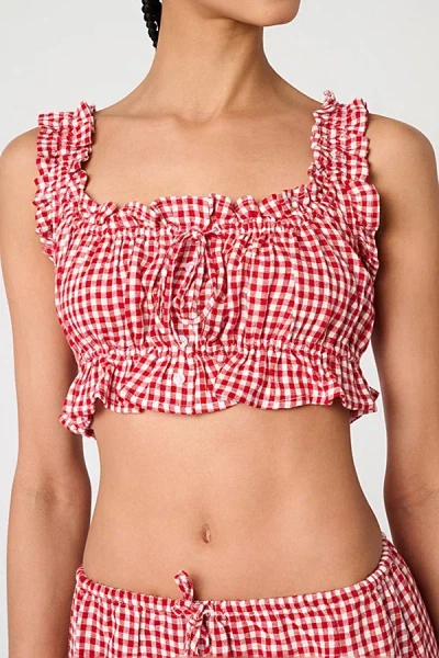 WEWOREWHAT RUFFLE BUTTON UP CROP TOP IN RED, WOMEN'S AT URBAN OUTFITTERS