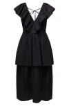 Weworewhat Slit Front Eyelet Ruffle Midi Dress In Black