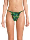 Weworewhat Women's Adjustable Ruched Peacock-print Bikini Bottom In Green