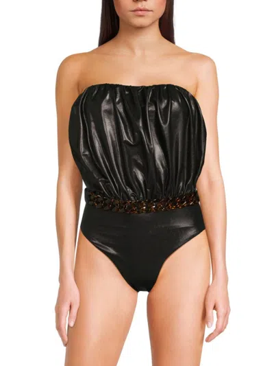 Weworewhat Women's Billow Embellished Belted One Piece Swimsuit In Black