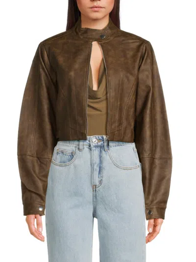 Weworewhat Women's Cropped Faux Leather Moto Jacket