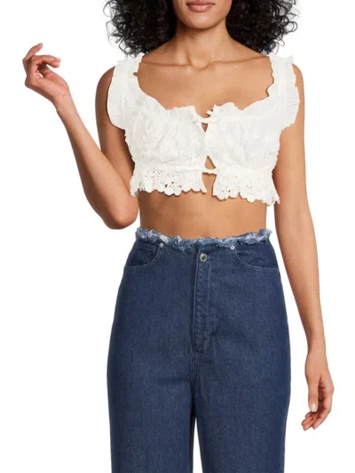 Weworewhat Women's Embroidered Cotton Double Tie Crop Top In White