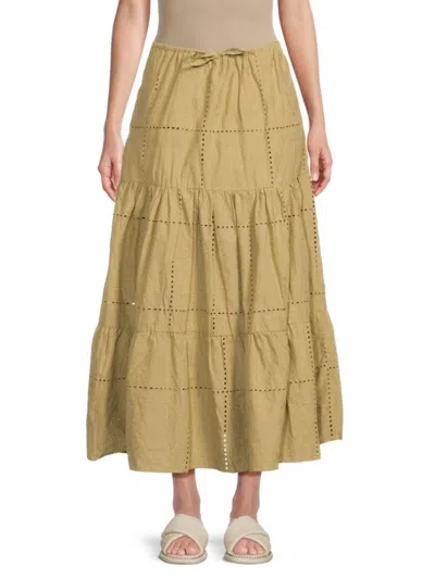 Weworewhat Women's Eyelet-embroidered Drawstring Cotton Maxi Skirt In Green