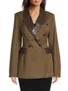 Weworewhat Women's Faux Leather-trim Double-breasted Blazer In Brown