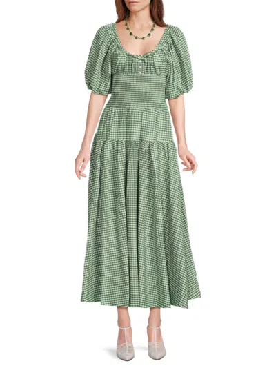 Weworewhat Women's Gingham Stretch-cotton Smocked Waist Midi-dress In Green