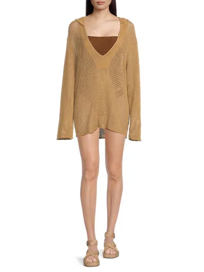 Weworewhat Women's Hooded Crochet Mini Cover Up Dress In Suede
