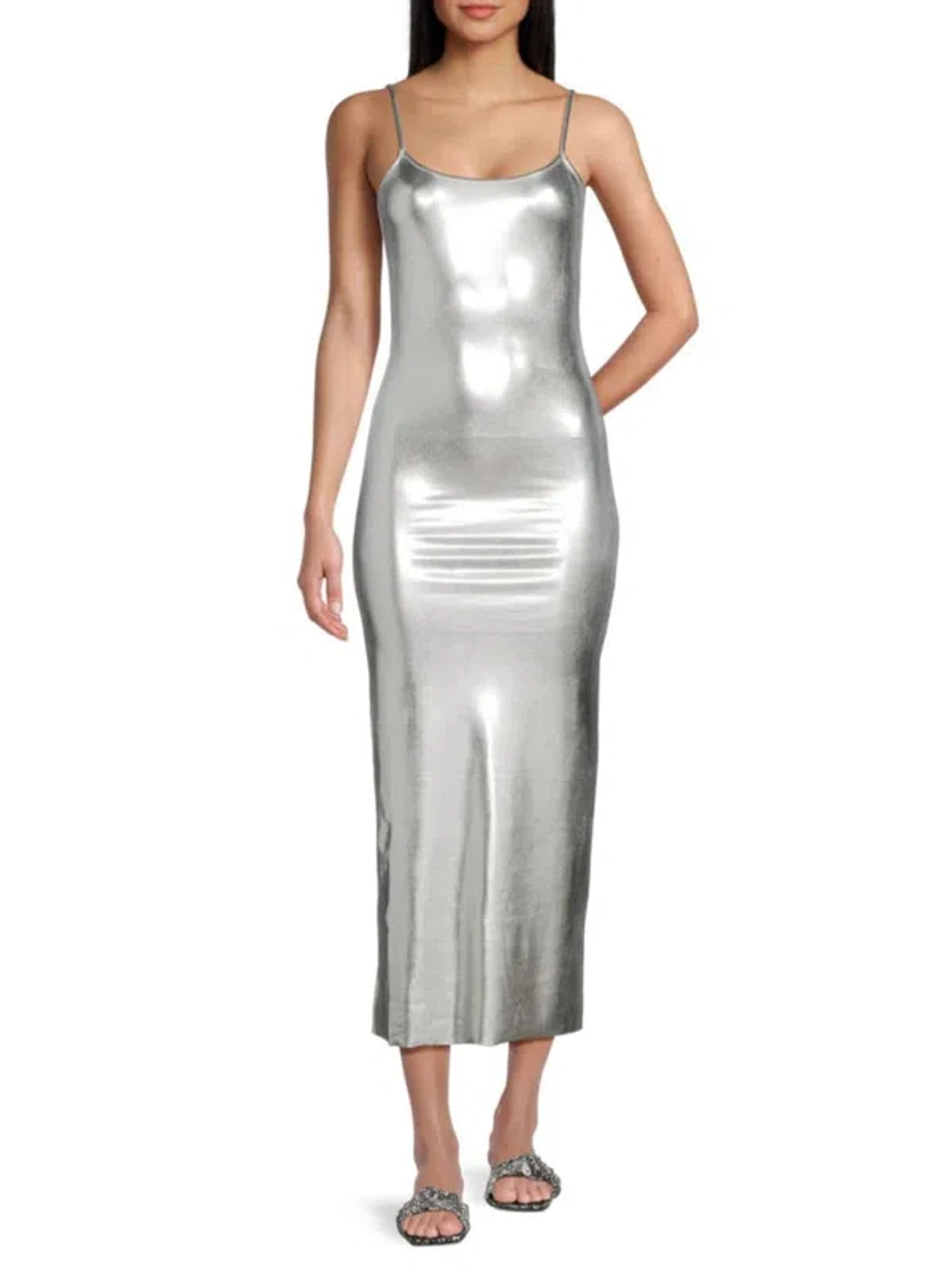 Weworewhat Women's Metallic Bodycon Midi Dress In Silver | ModeSens