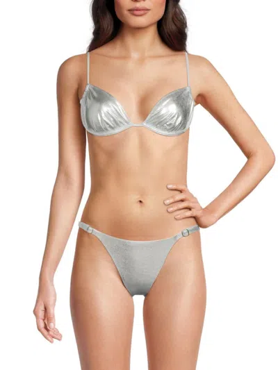 Weworewhat Women's Metallic Ruched Bikini Top In Silver