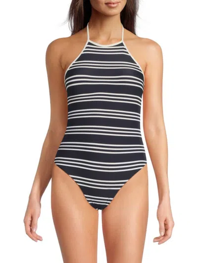 WEWOREWHAT WEWOREWHAT WOMEN'S STRIPED HALTER ONE-PIECE SWIMSUIT