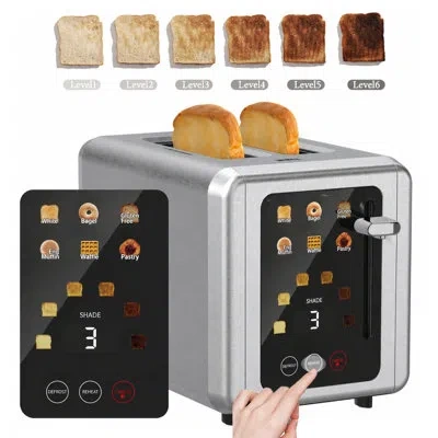 Whall 2 Slice Touchscreen Toaster, 6 Shade Settings, 6 Bread Types, Digital Timer, Extra Wide Slot In Silver