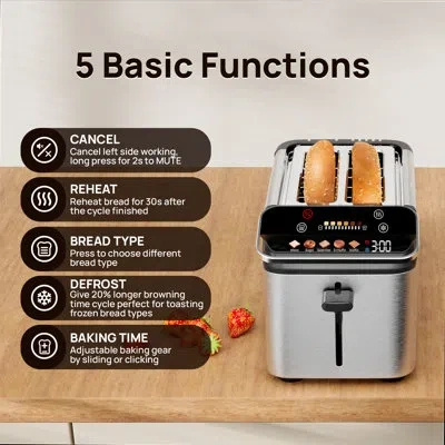 Whall 2-slice Stainless Steel Touch Screen Toaster With Digital Timer, 6 Settings & Extra Wide Slot
