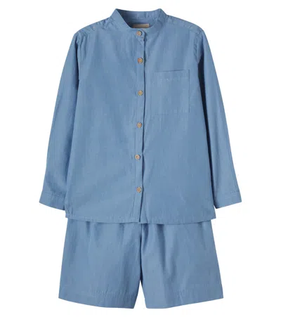 Wheat Kids' Cotton Chambray Shirt And Shorts Set In Blue