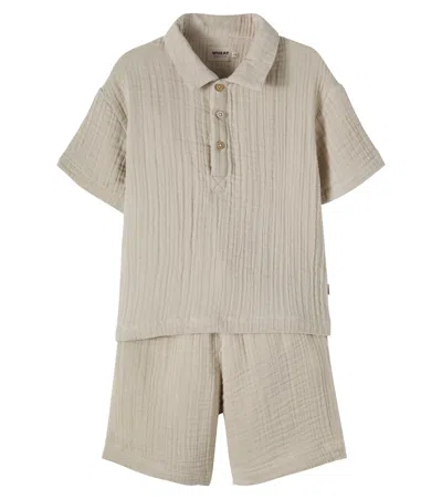 Wheat Kids' Cotton Gauze Polo Shirt And Shorts Set In Sand