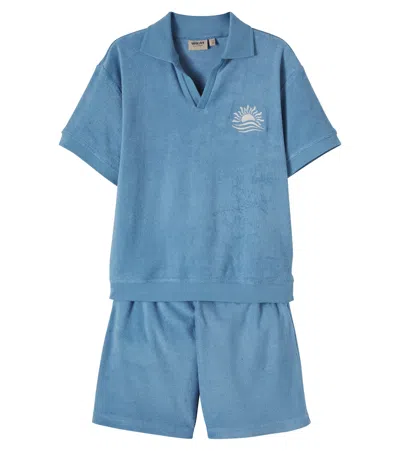 Wheat Kids' Cotton Terry Top And Shorts Set In Blue