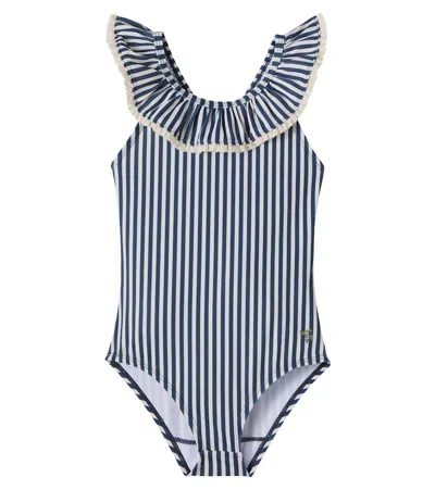 Wheat Kids' Doris Ruffled Striped Swimsuit In Blue