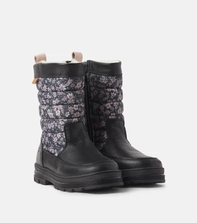 Wheat Koa Tex Floral Leather Snow Boots In Black
