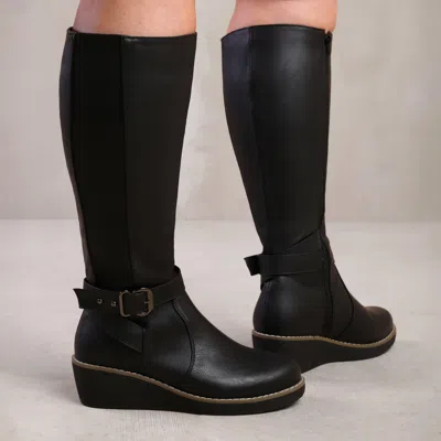 Where's That From Wheres That From Ayleen Black Wide Calf Wedge Knee-high Boots In Black Pu